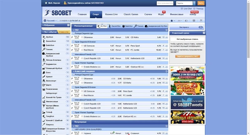 Функционал сайта sbobet